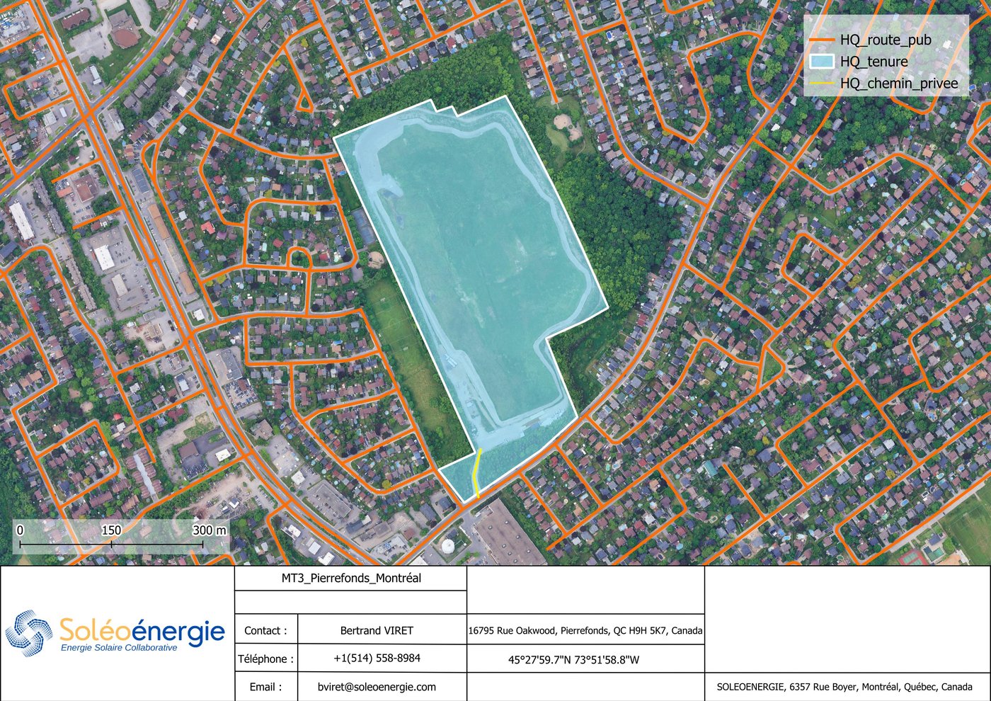 Plan du site du projet MT3 Pierrefonds-Montréal avec emprise en surbrillance bleue et voies d’accès